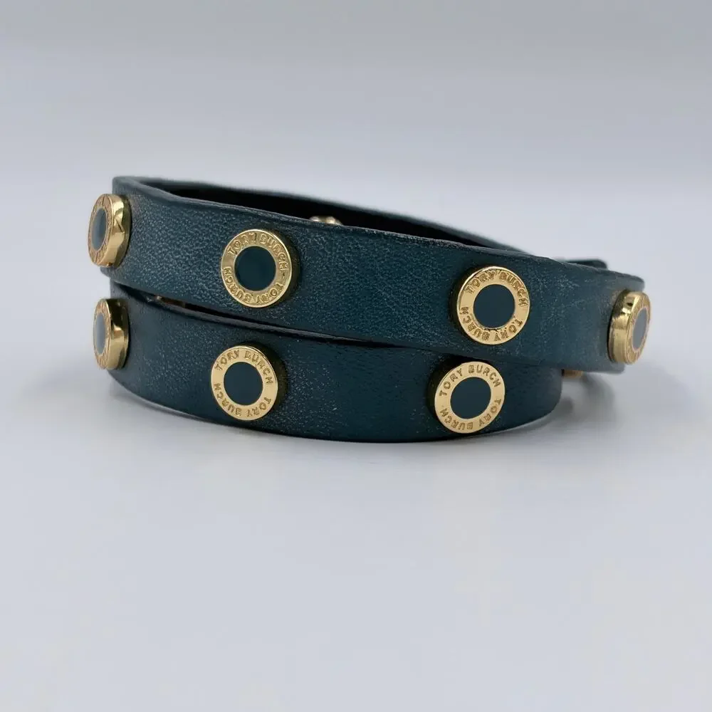 Tory Burch Enamel & Leather Cole Double Wrap Around Bracelet